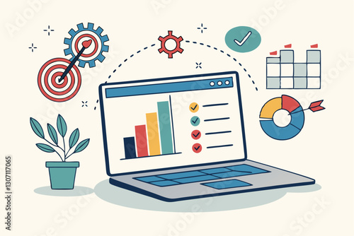 Project management, planning for software development, resources and budget planning, project schedule diagram, gantt chart for work deadline concept, computer laptop with project management software.