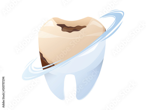 Vector isolated Cartoon illustration of a dirty tooth being cleaned, transforming into a healthy white one with a shiny effect. Concept of dental hygiene, tooth whitening, and oral care.