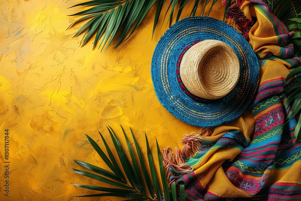 Blue Mexican Hat with Blanket and Palm Leaves