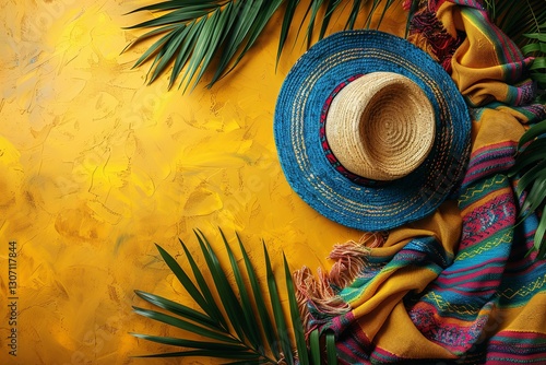 Obraz na płótnie Blue Mexican Hat with Blanket and Palm Leaves w salonie