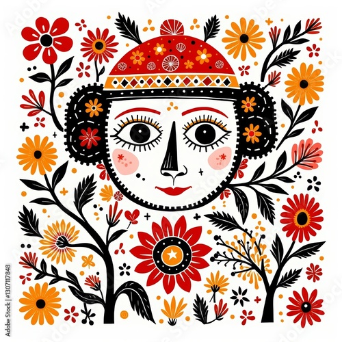 Folk folkloric illustration with character in traditional style. photo