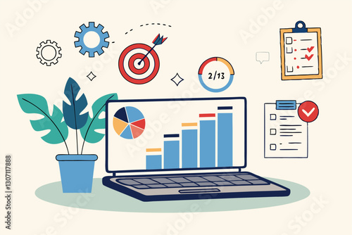Project management, planning for software development, resources and budget planning, project schedule diagram, gantt chart for work deadline concept, computer laptop with project management software.