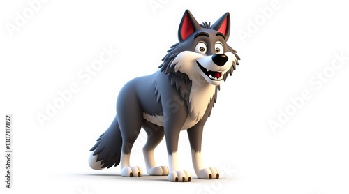 Animated cartoon wolf with a playful expression and bushy tail