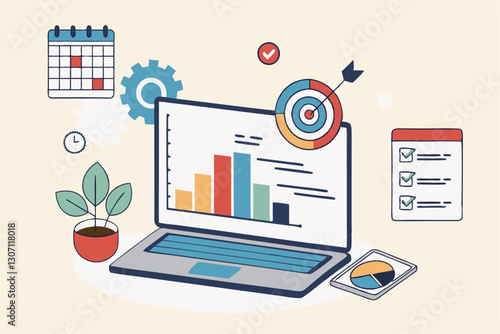 Project management, planning for software development, resources and budget planning, project schedule diagram, gantt chart for work deadline concept, computer laptop with project management software.