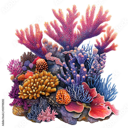 A colorful coral reef with various types of coral and sea anemones. photo