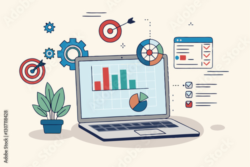 Project management, planning for software development, resources and budget planning, project schedule diagram, gantt chart for work deadline concept, computer laptop with project management software.