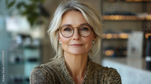modern portrait of chic middle aged individual wearing round glasses against optician background expressing elegance confidence and stylish eyewear fashion concept