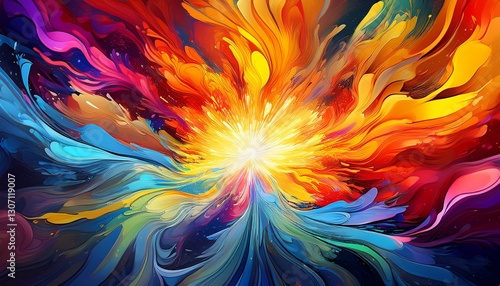 dramatic abstract explosion of vibrant colors in pop art style with a dynamic radiating pattern