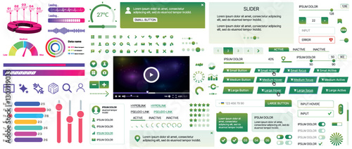 A set of UI components for mobile apps and websites: buttons, forms, icons, menus, panels and infographics. Modern minimalist design with gradients for easy interaction