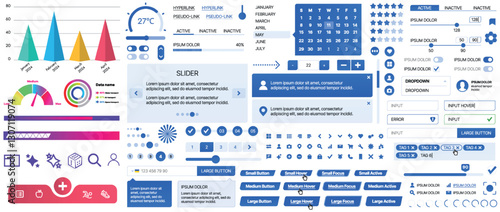 A set of UI components for mobile apps and websites: buttons, forms, icons, menus, panels and infographics. Modern minimalist design with gradients for easy interaction