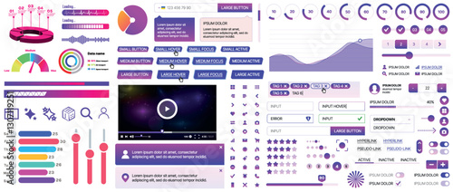 A set of UI components for mobile apps and websites: buttons, forms, icons, menus, panels and infographics. Modern minimalist design with gradients for easy interaction