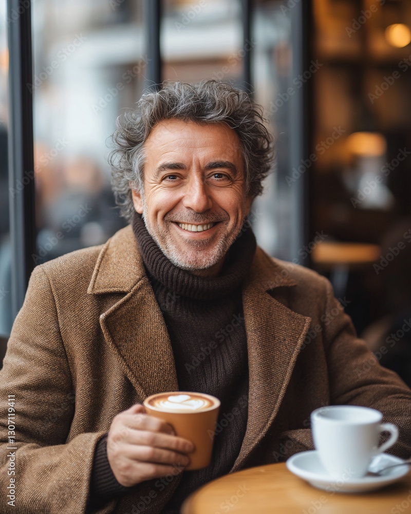 Middle-Aged Man Sitting in a Cafe Smiling as He Enjoys a Warm Cappuccino Middle-Aged Man Sitting in a Cafe Smiling as He Enjoys a Warm Cappuccino