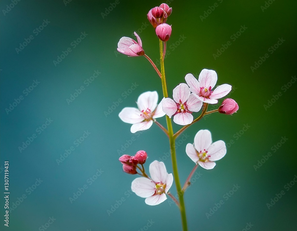 close up photo of miniature pink and white flowers on a single long thin stem against a blurred blue green background generative ai