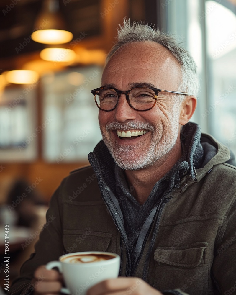 Elderly Man with Glasses Laughing While Holding a Cup of Coffee in a Cozy Cafe Elderly Man with Glasses Laughing While Holding a Cup of Coffee in a Cozy Cafe