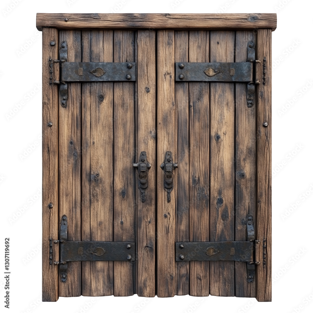 Rustic Wooden Double Doors with Metal Latches and Hinges. Rustic Wooden Double Doors with Metal Latches and Hinges.