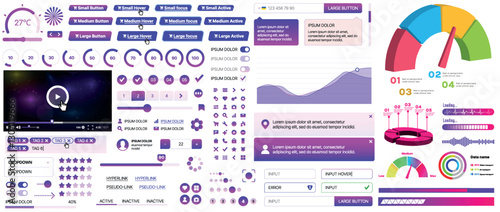 A set of UI components for mobile apps and websites: buttons, forms, icons, menus, panels and infographics. Modern minimalist design with gradients for easy interaction