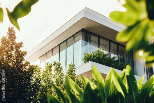 Close-up front view of modern minimalist villa with garden and large windows
