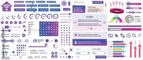 A set of UI components for mobile apps and websites: buttons, forms, icons, menus, panels and infographics. Modern minimalist design with gradients for easy interaction