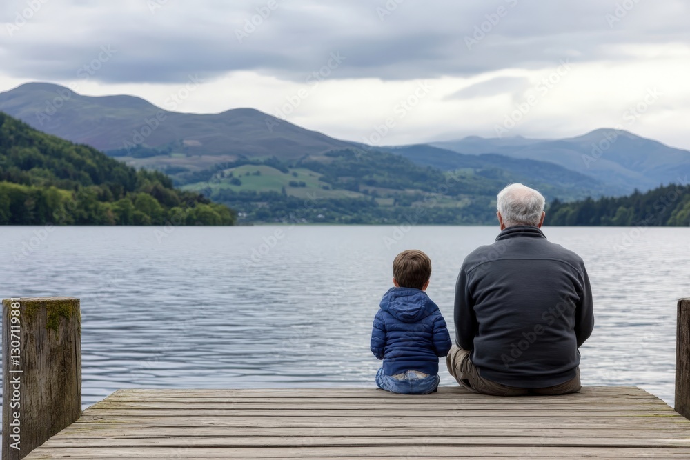 Grandfather and grandson sharing a quiet moment by the lake Grandfather and grandson sharing a quiet moment by the lake