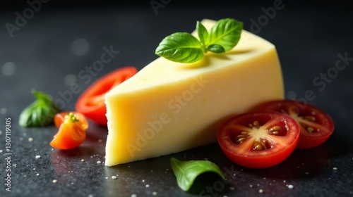 A wedge of pale yellow cheese sits on a dark surface, adorned with vibrant red tomato slices and fresh green basil leaves.