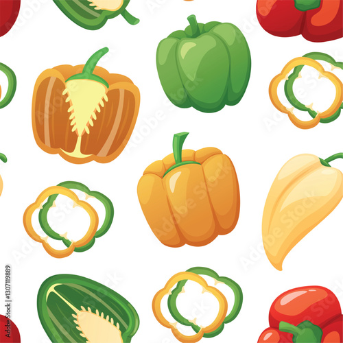 Bell peppers seamless pattern. Pepper yellow orange green and red. Sweet paprika, fresh organic vegetables. Print design, website backdrop, nowaday vector background