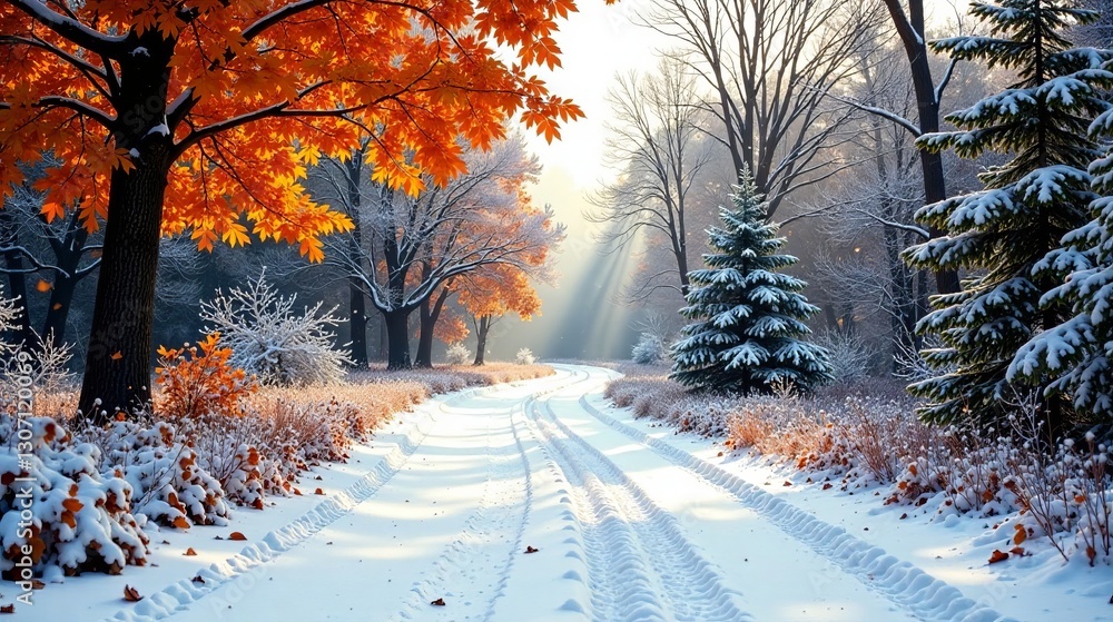 Naklejka premium A snow-covered path winds through a winter wonderland, where vibrant orange leaves cling to branches dusted with a light snowfall, creating a breathtaking scene of contrasting colors and textures.