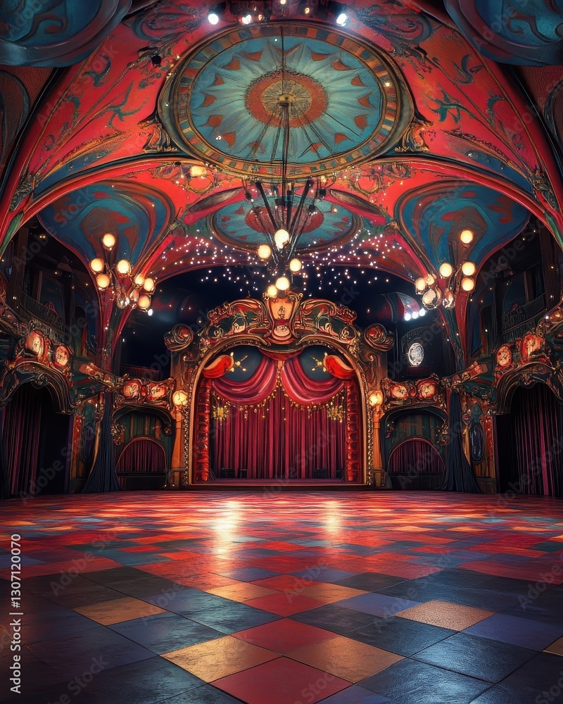 Obraz premium Luxurious circus-themed stage with grand red curtains, vintage lighting, and elegant theatrical decor