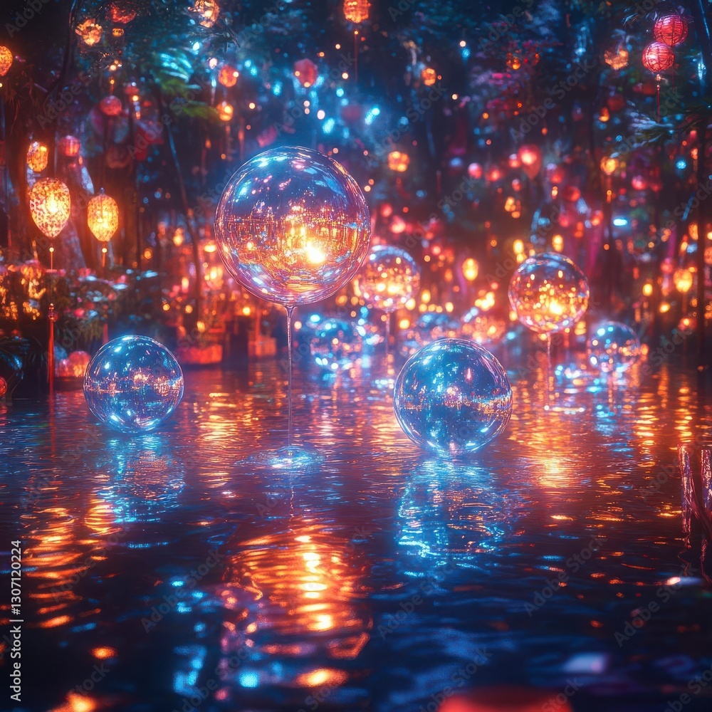 Capture a mesmerizing holographic Songkran celebration with levitating water orbs, surreal atmosphere Capture a mesmerizing holographic Songkran celebration with levitating water orbs, surreal atmosphere