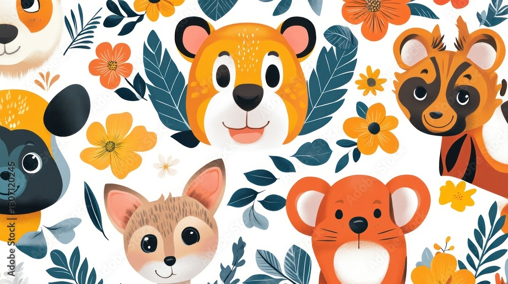 Obraz premium Cute animal faces, flowers, and leaves on a white background. Childish design, perfect for kids' products.