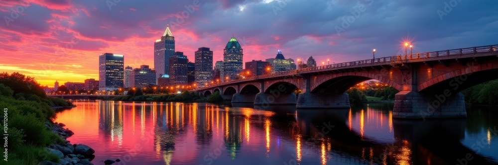 Obraz premium Minneapolis skyline, Stone Arch Bridge at dusk Golden hour cityscape , iconic, photography
