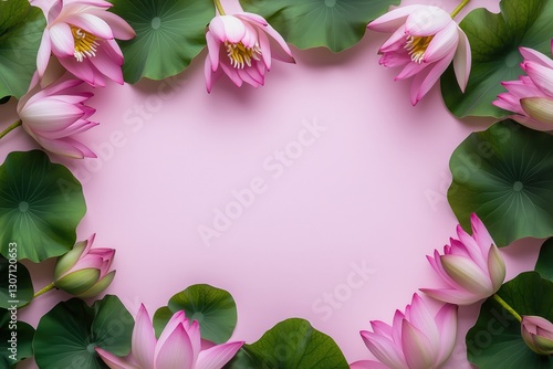 Wallpaper Mural Moldura floral com flor de lótus rosa e folhas verdes vibrantes sobre fundo rosa suave, criada com IA generativa para um design delicado e natural Torontodigital.ca