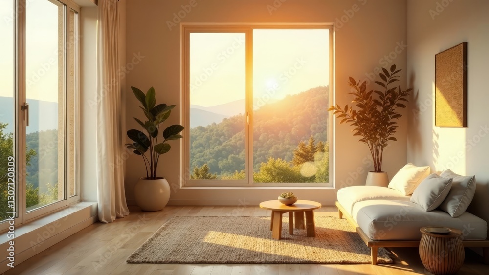 Serene Sunset Living Room with Large Window and Natural Light Illuminating Cozy Interior Design Serene Sunset Living Room with Large Window and Natural Light Illuminating Cozy Interior Design