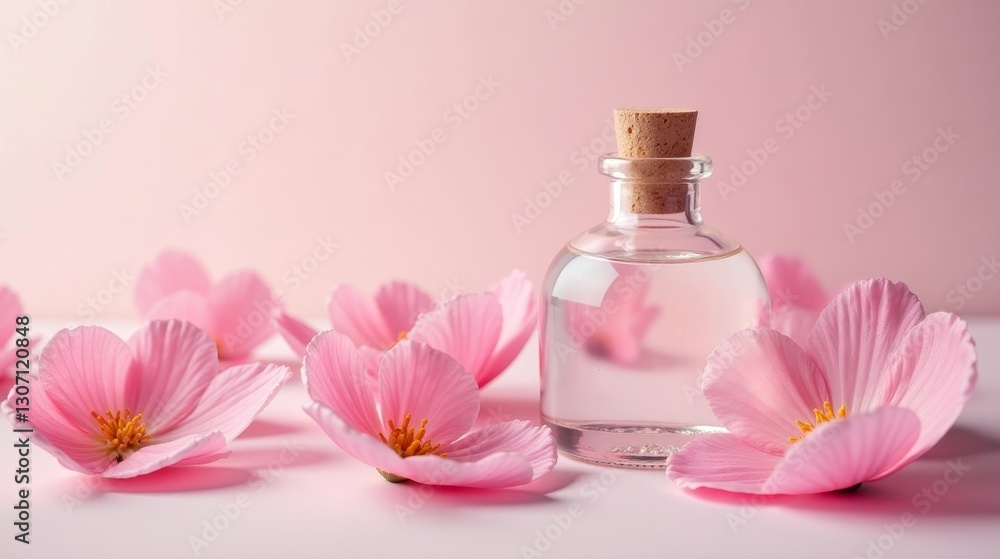 Aromatic Essence in Glass Bottle Surrounded by Delicate Pink Petals on Soft Pink Background Aromatic Essence in Glass Bottle Surrounded by Delicate Pink Petals on Soft Pink Background