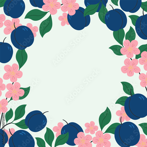 Vector Border label with Plums and flowers in flat style for text. Hand drawn background with oval fleshy fruit blue berry for logo, sign, card, template, print, paper. Fruity harvest, food, orchard