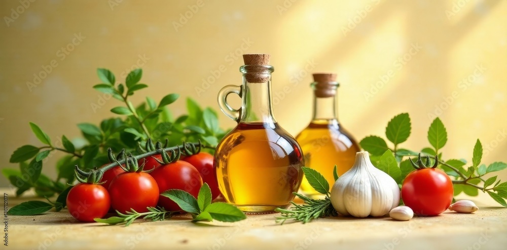 Golden oil in glass bottles, surrounded by fresh tomatoes, garlic, and herbs on a rustic surface Golden oil in glass bottles, surrounded by fresh tomatoes, garlic, and herbs on a rustic surface
