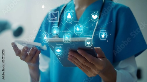 Healthcare professional using digital tablet with futuristic medical interface showing patient data and health information