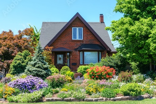 Close-up view of charming suburban villa with brick facade and vibrant garden

