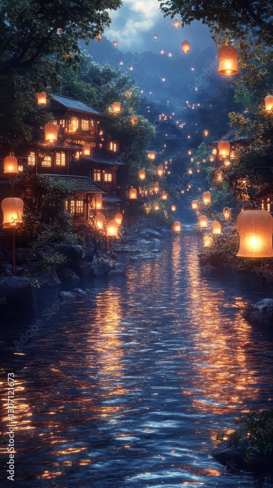 Obraz premium Capture the essence of a lively water festival at night, with lanterns illuminating the rippling water, portraying a dreamy, warm ambiance in a fantasy realistic approach