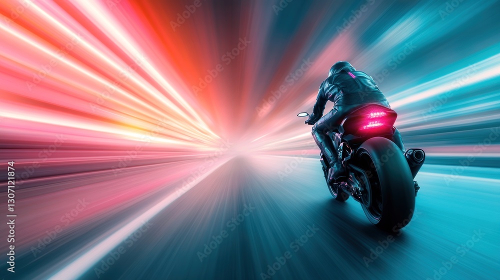 Obraz premium Dynamic motorcycle ride urban environment action shot neon lights motion blur speed concept