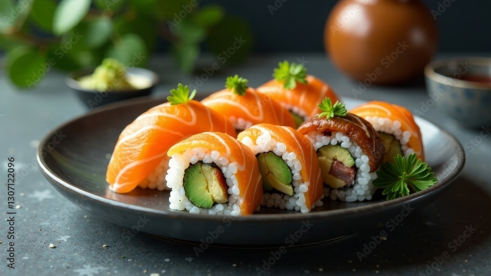 Delicious salmon and avocado sushi rolls arranged on a dark gray plate Delicious salmon and avocado sushi rolls arranged on a dark gray plate