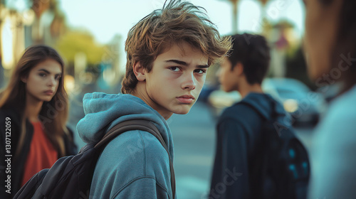 group of teenagers crossing street, looking concerned and troubled. boy in foreground has tousled hair and hoodie, while others appear distracted
