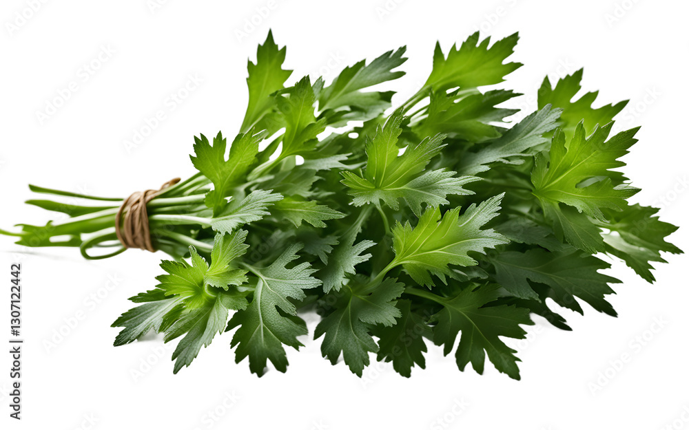 Fototapeta premium A bunch of fresh dandelion greens with jagged edges, isolated on a empty plain background