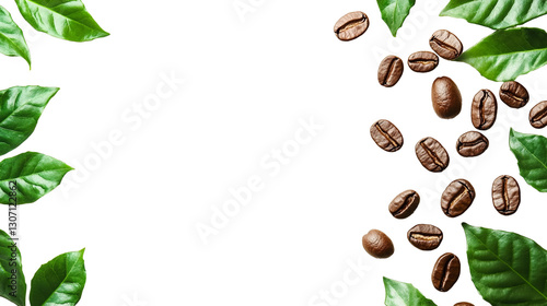 A photograph of coffee beans and leaves against a white background.