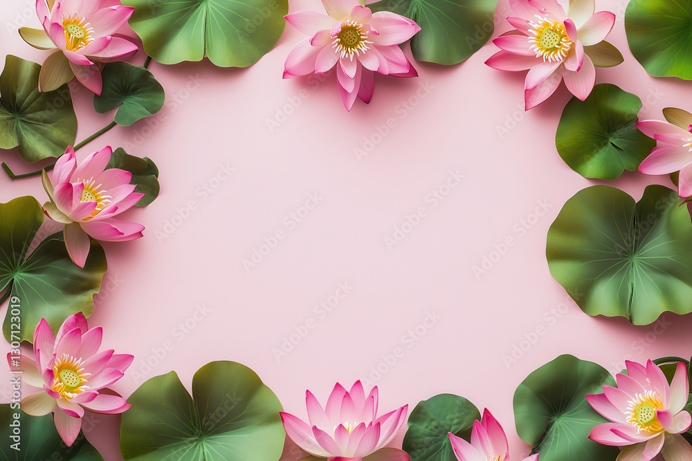 Fototapeta premium Moldura floral com flor de lótus rosa e folhas verdes vibrantes sobre fundo rosa suave, criada com IA generativa para um design delicado e natural