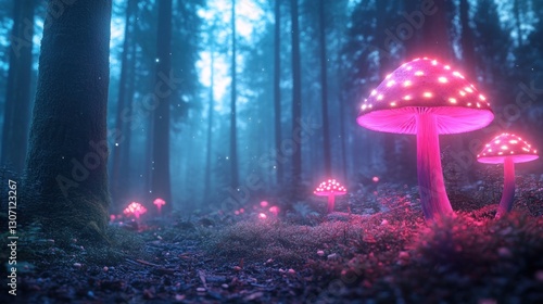 Magical glowing mushrooms illuminate enchanted forest fantasy scene nighttime natural beauty