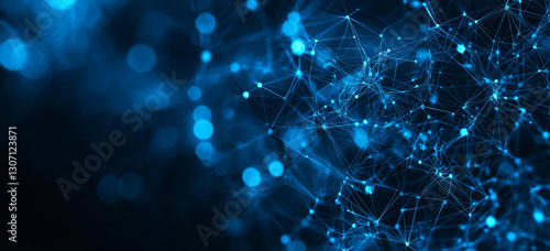 A network of interconnected lines and points glows against a dark backdrop.