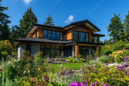 Close-up front view of contemporary villa with dark roof and wooden paneling
