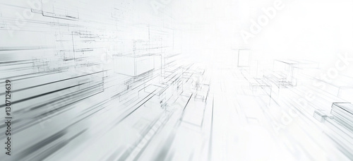 This image presents an abstract composition resembling an architectural rendering or blueprint, utilizing fine lines and geometric shapes to suggest a building design.