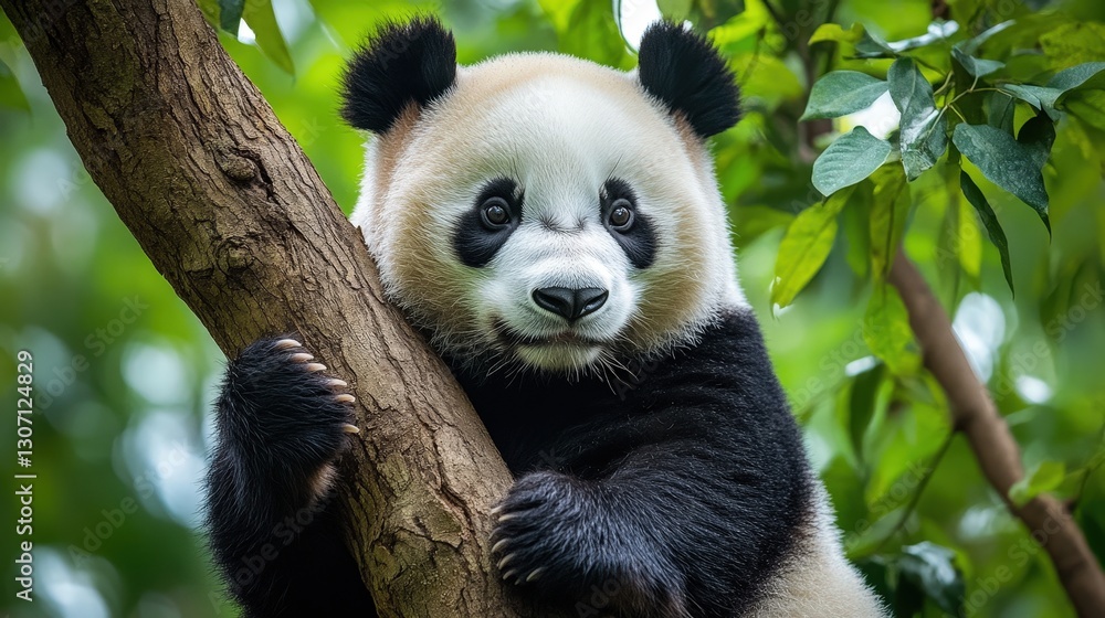 Obraz premium A serene panda rests on a tree branch, tilting its head gently leftward. Its front paws rest quietly as it gazes into the distance