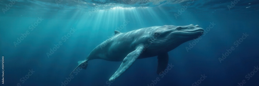 Fototapeta premium Gray whale glides through deep ocean, majestic underwater scene, ocean mammal, sea creature